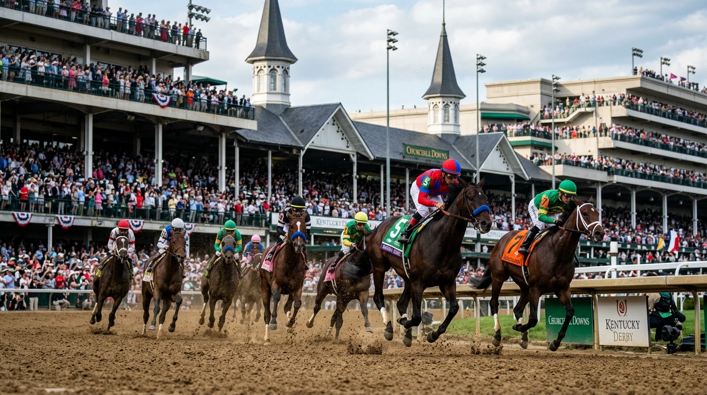 Cavalos a correr na pista de terra batida de Churchill Downs durante o Kentucky Derby
