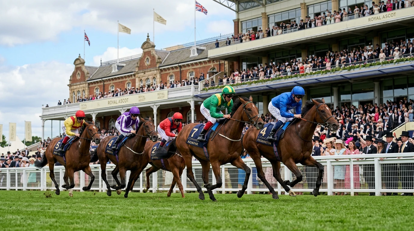 Cavalos de corrida na pista relvada de Royal Ascot com bancadas e espectadores ao fundo