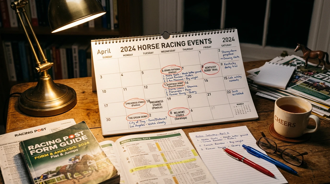 Calendário com datas de grandes corridas de cavalos e notas de análise