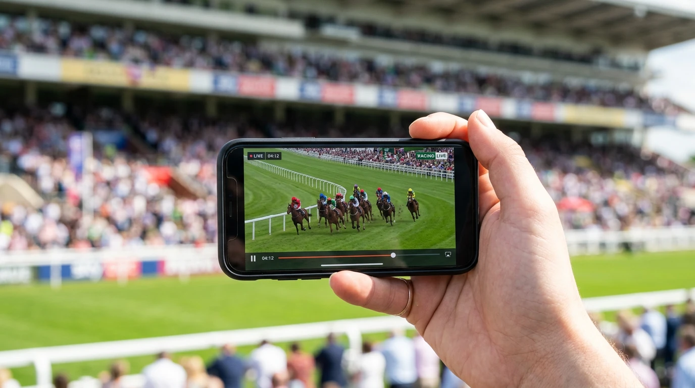 Ecrã de telemóvel com transmissão ao vivo de uma corrida de cavalos numa pista de relva