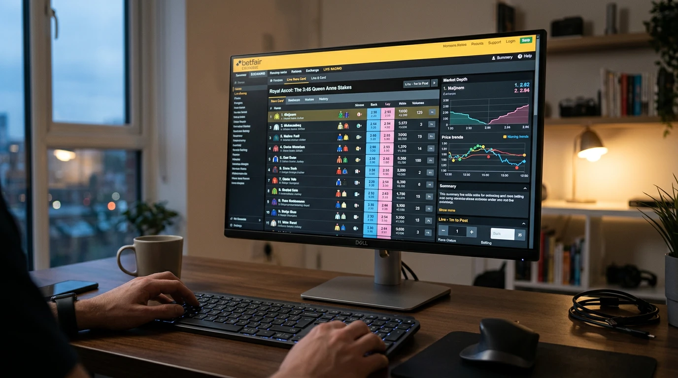 Ecrã de computador com interface de exchange de apostas hípicas e gráficos de odds