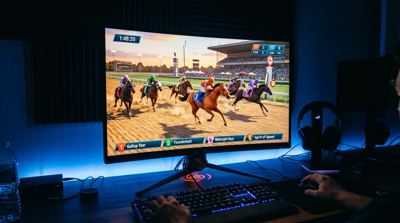 Ecrã de monitor com corrida de cavalos virtual em ambiente gráfico tridimensional