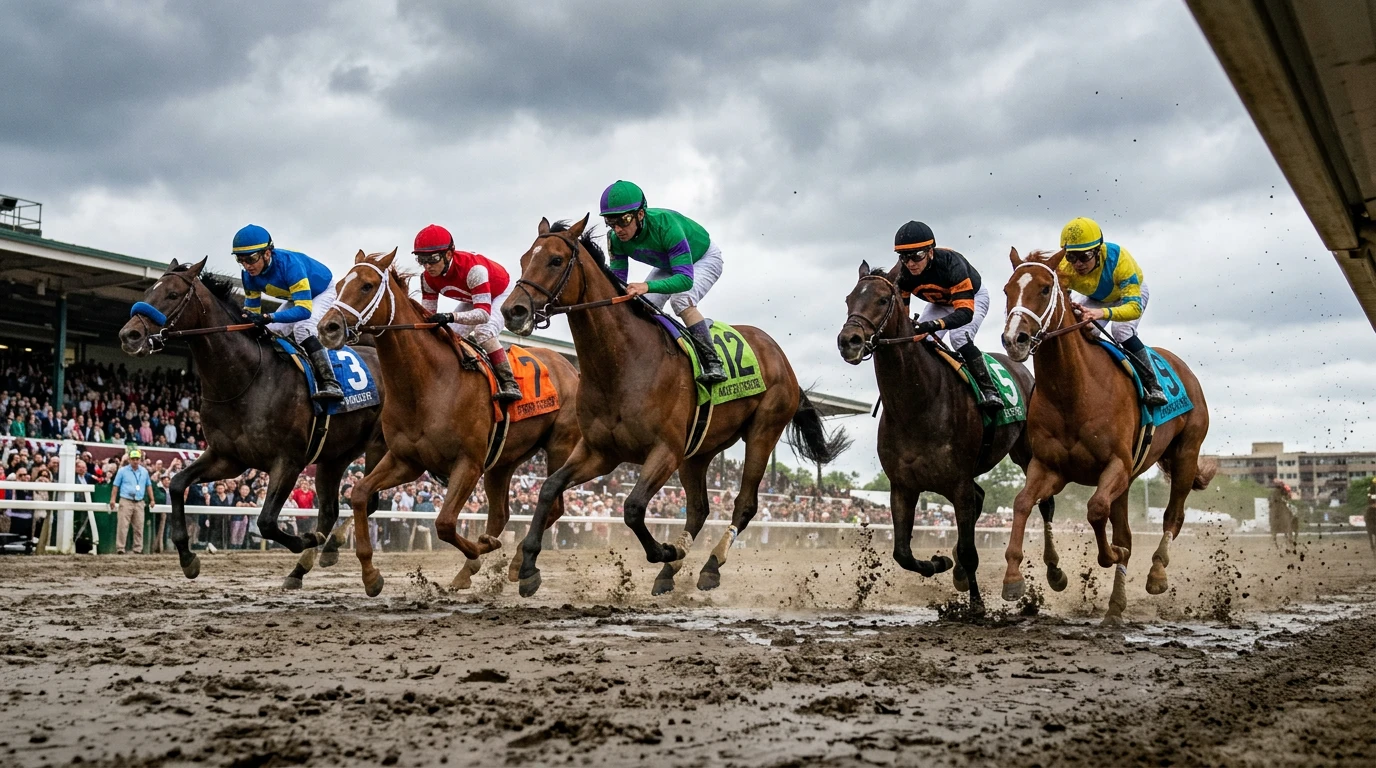 Grupo de cavalos lado a lado durante uma corrida numa pista de terra batida