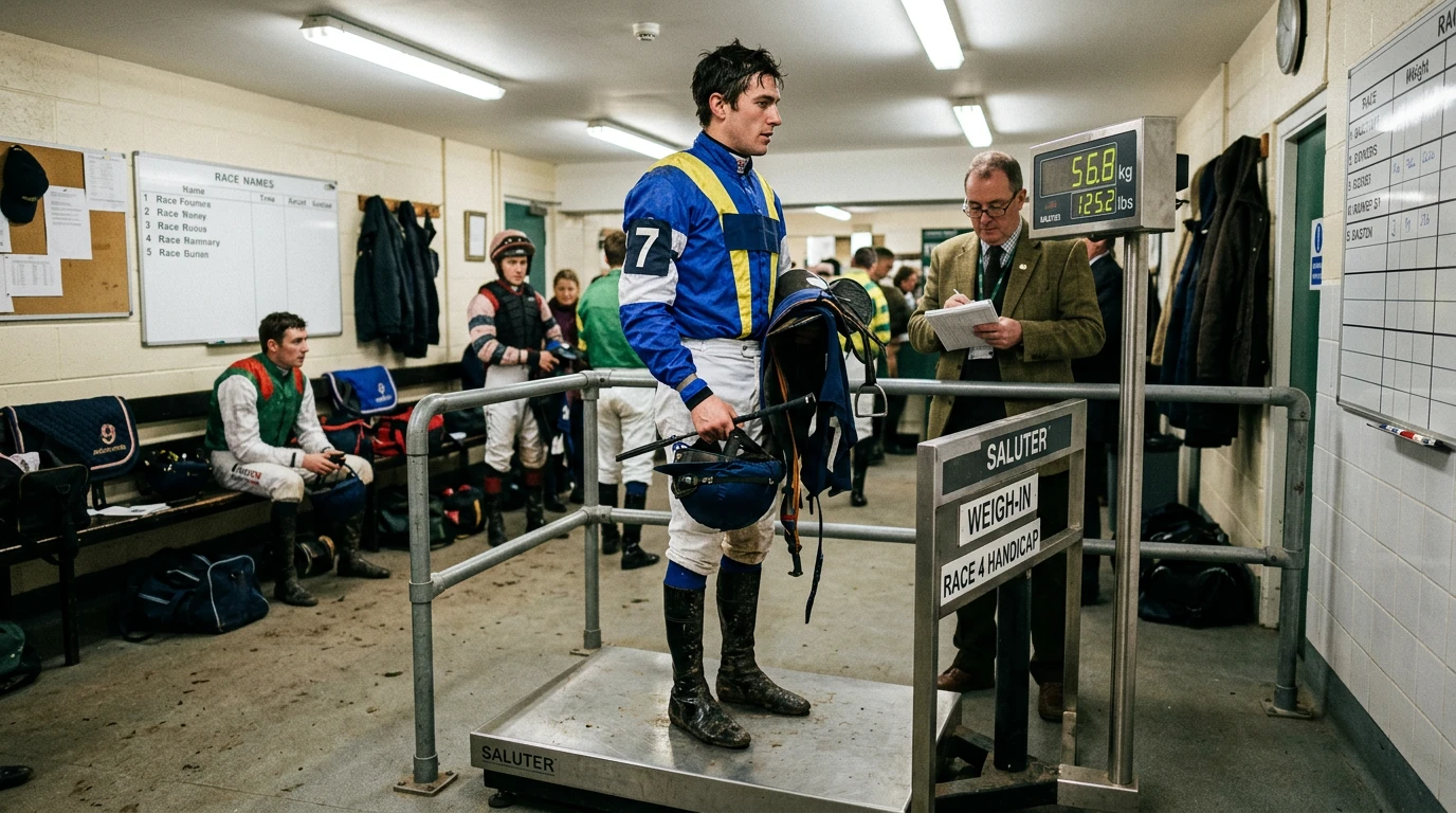 Jockey a ser pesado na balança do hipódromo antes de uma corrida de handicap