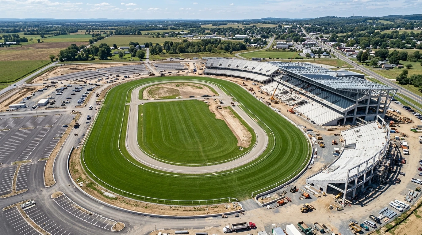Vista aerea de um hipódromo moderno com bancadas e pista de corrida relvada