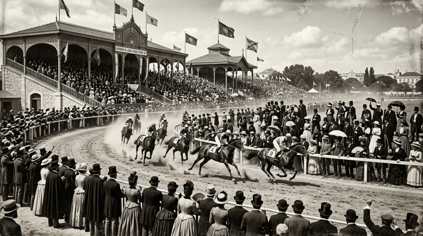 Fotografia histórica a preto e branco de um hipódromo português do século XIX