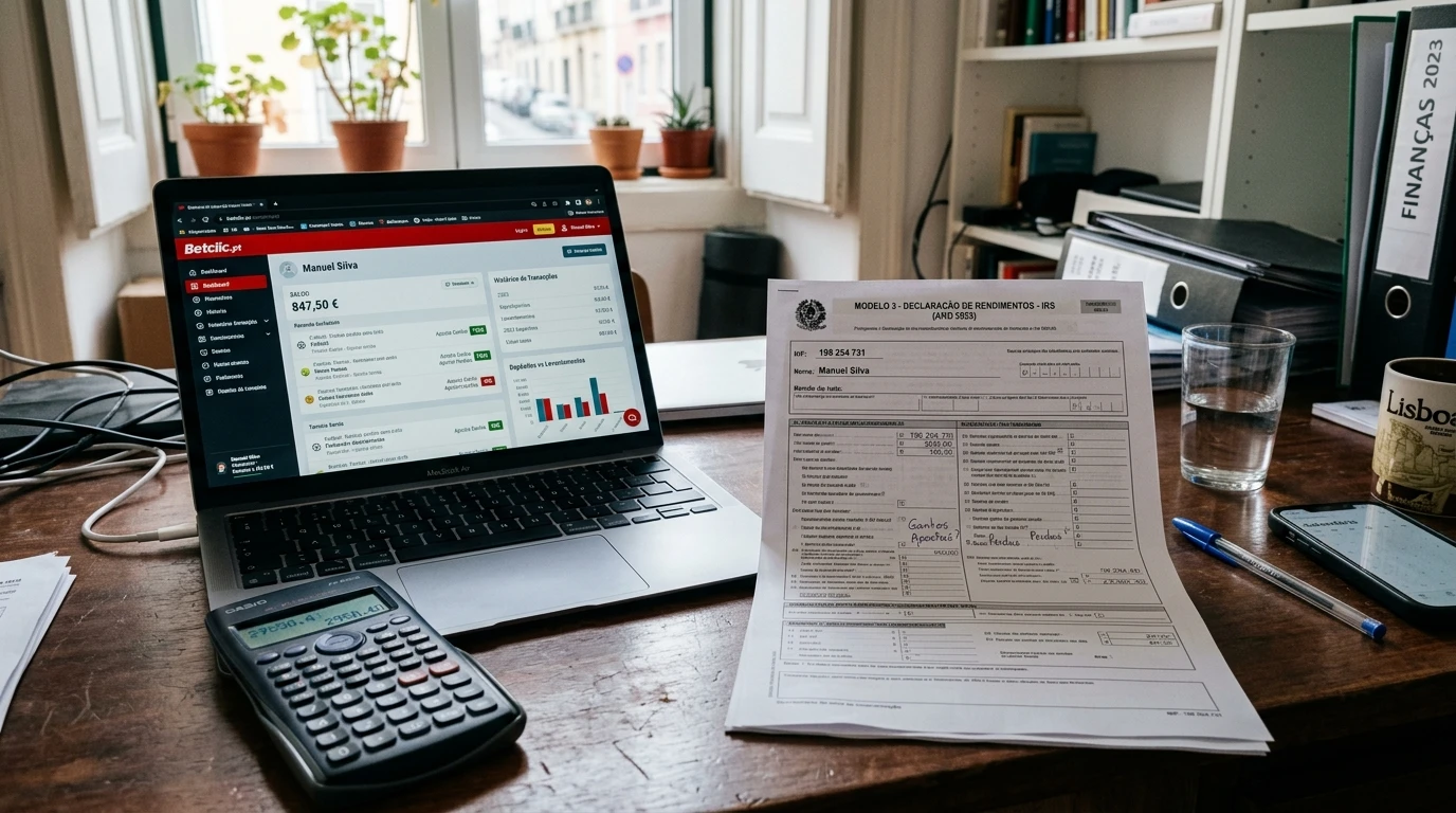 Documento fiscal português ao lado de um computador com dados de apostas online