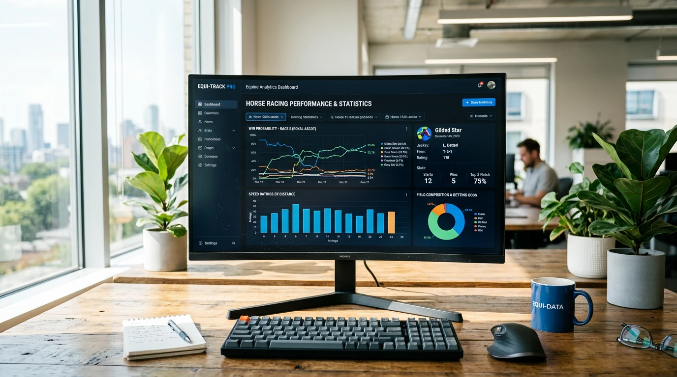 Ecrã de computador com gráficos de dados e algoritmo de análise de corridas de cavalos