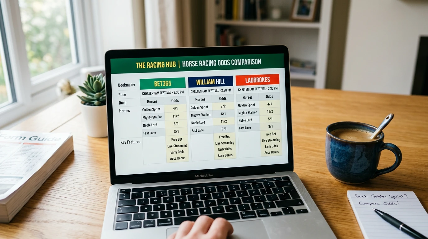 Computador portatil aberto com comparação de sites de apostas em corridas de cavalos