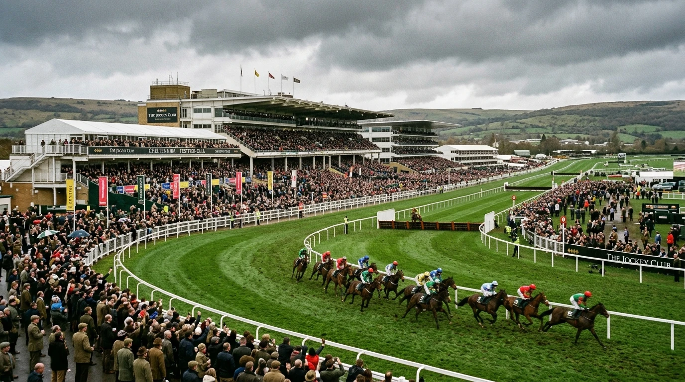 Vista panoramica do hipódromo de Cheltenham com multidão de espectadores nas bancadas