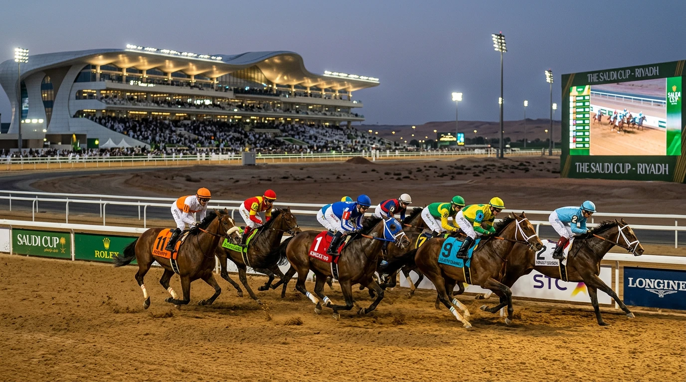Cavalos a correr na pista de areia do hipódromo King Abdulaziz durante a Saudi Cup