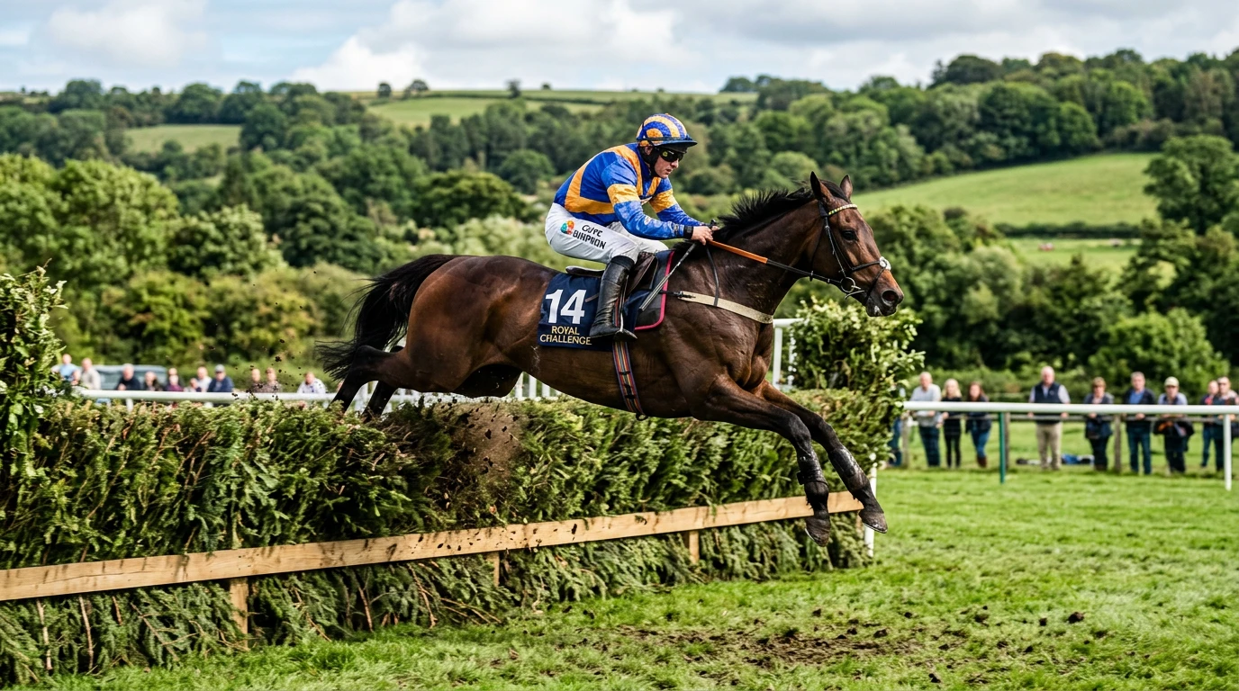 Cavalo a saltar um obstáculo de sebes durante uma corrida de steeplechase