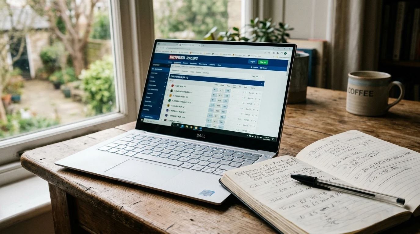 Ecrã de computador portatil com odds de corridas de cavalos é um bloco de notas ao lado